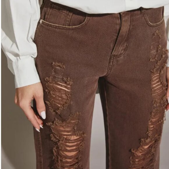 High Waisted Heavily Distressed Wide Leg Denim Jeans - Picture 2 of 4